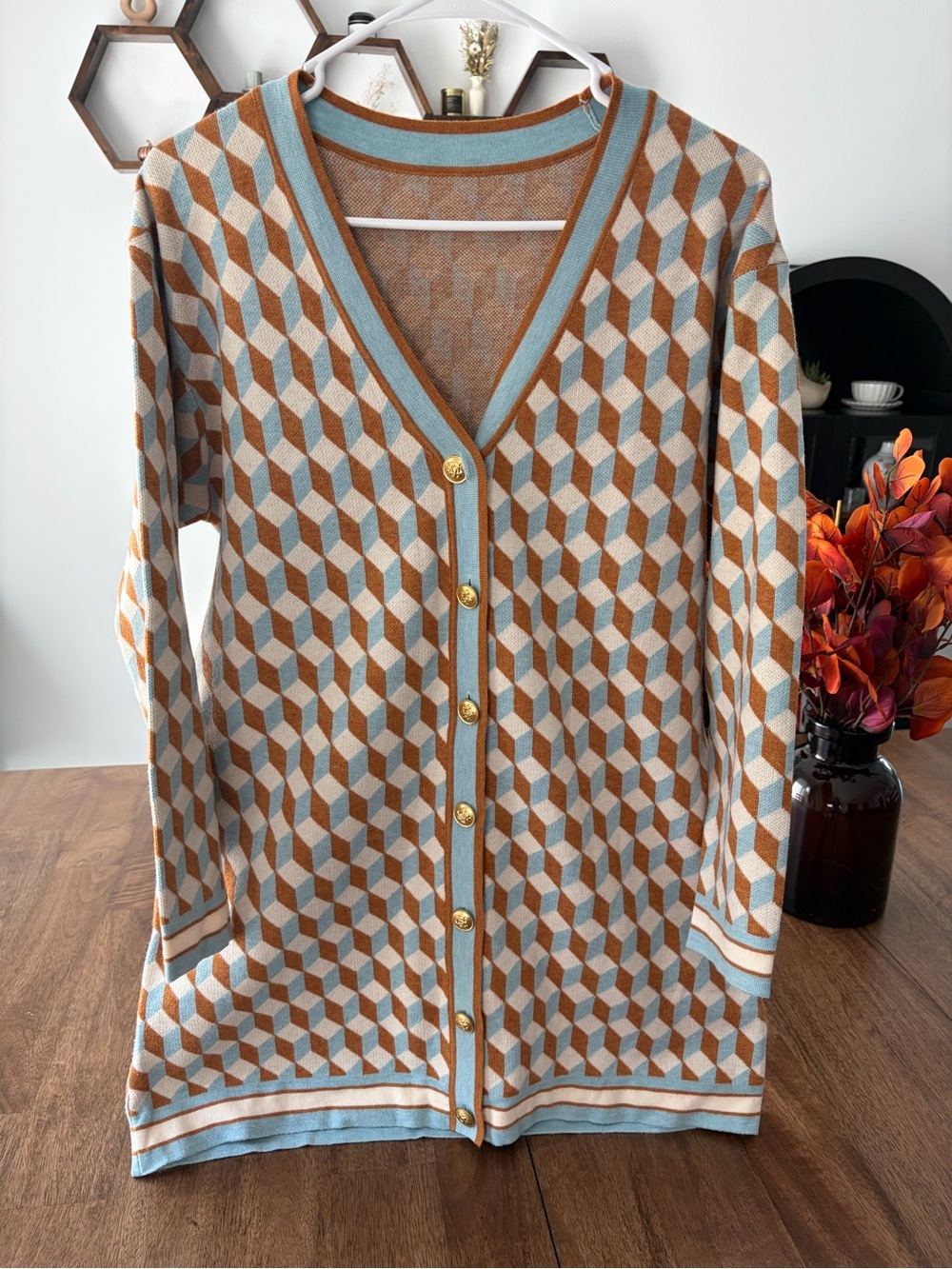 NEW! Mini Sweater Dress Light Blue & Tan Geometric Pattern Size L